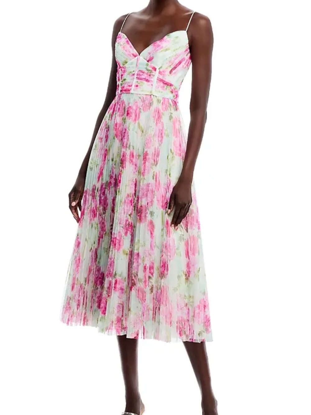 Aqua Floral Pleated Midi Dress